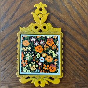 Vintage Yellow Cast Iron Napcoware Ceramic Tile Trivet w/ Orange & Yellow Floral